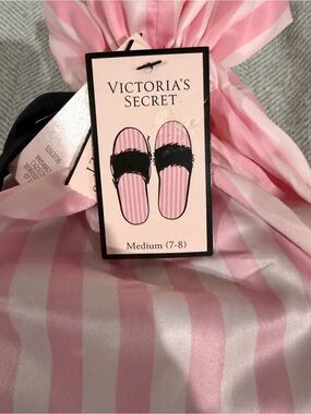 Victoria's Secret Pink & White Striped Satin Slippers Brand New